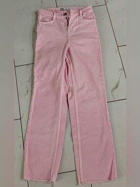 Zara Light Pink Straight-Leg Raw Hem Jeans SZ 0